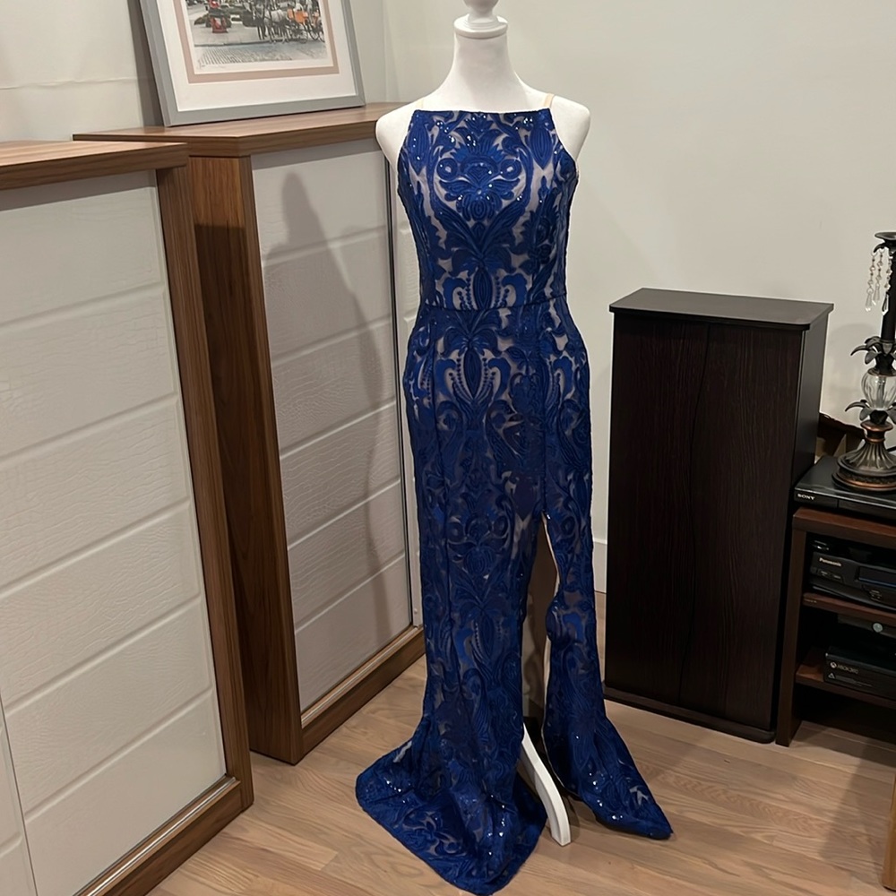 Boutique Navy Blue Sequined Prom Dress